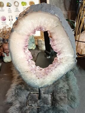 Large Amethyst Geode Display on Stand - White pink n  Purple Crystal